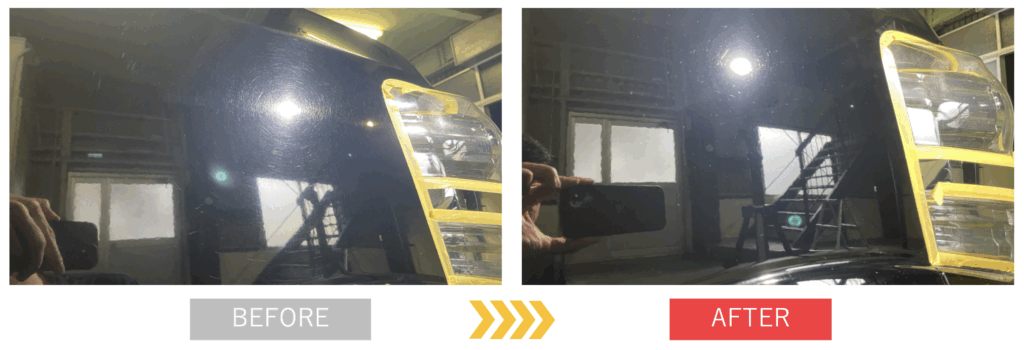 フェンダーに入っている螺旋状の洗車傷写真とファーストポリッシュ後に綺麗になった写真の比較写真